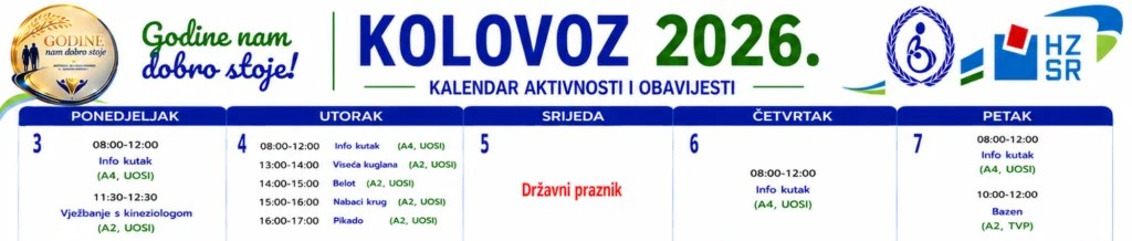 Kalendar aktivnosti u sklopu projekta Godine nam dobro stoje